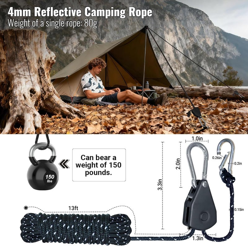 SOHIDAS Camping Rope Reflective Tent Rope Guyline with Ratchet Pulley, Tarp Tie Down Ropes for Tent Tarp, Canopy Shelter, Camping, 13ft Adjustable Guy Line for Canopy Tent 6 Pack Guy Lines Tents Cords - Image 2